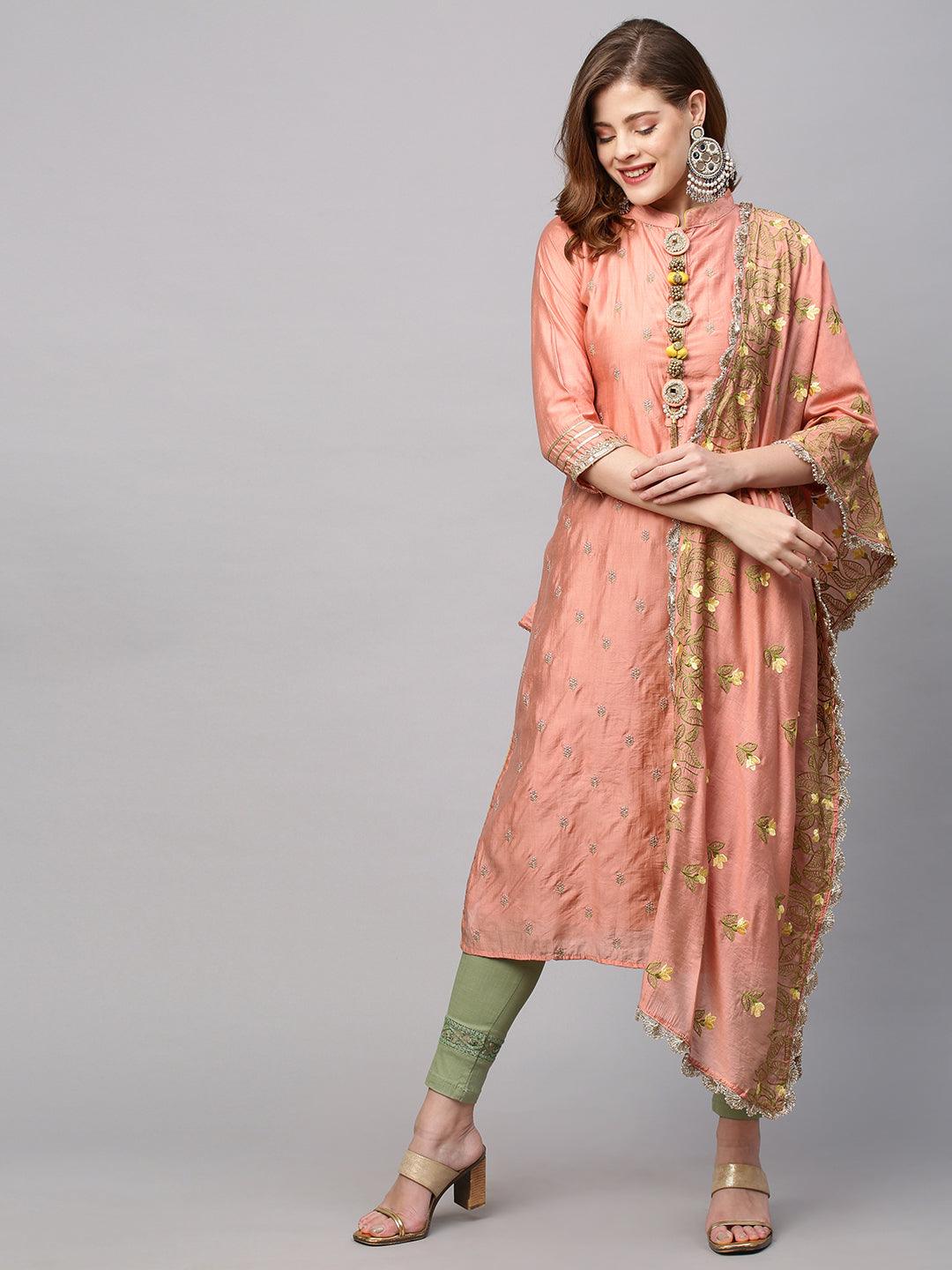 Ethnic Embroidered Straight Kurta with Dupatta - Coral Pink - Indiakreations