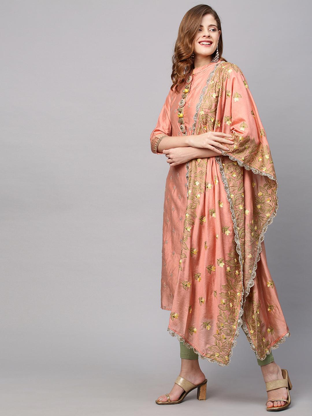 Ethnic Embroidered Straight Kurta with Dupatta - Coral Pink - Indiakreations