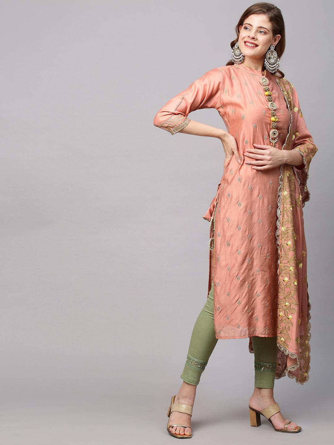 Ethnic Embroidered Straight Kurta with Dupatta - Coral Pink - Indiakreations