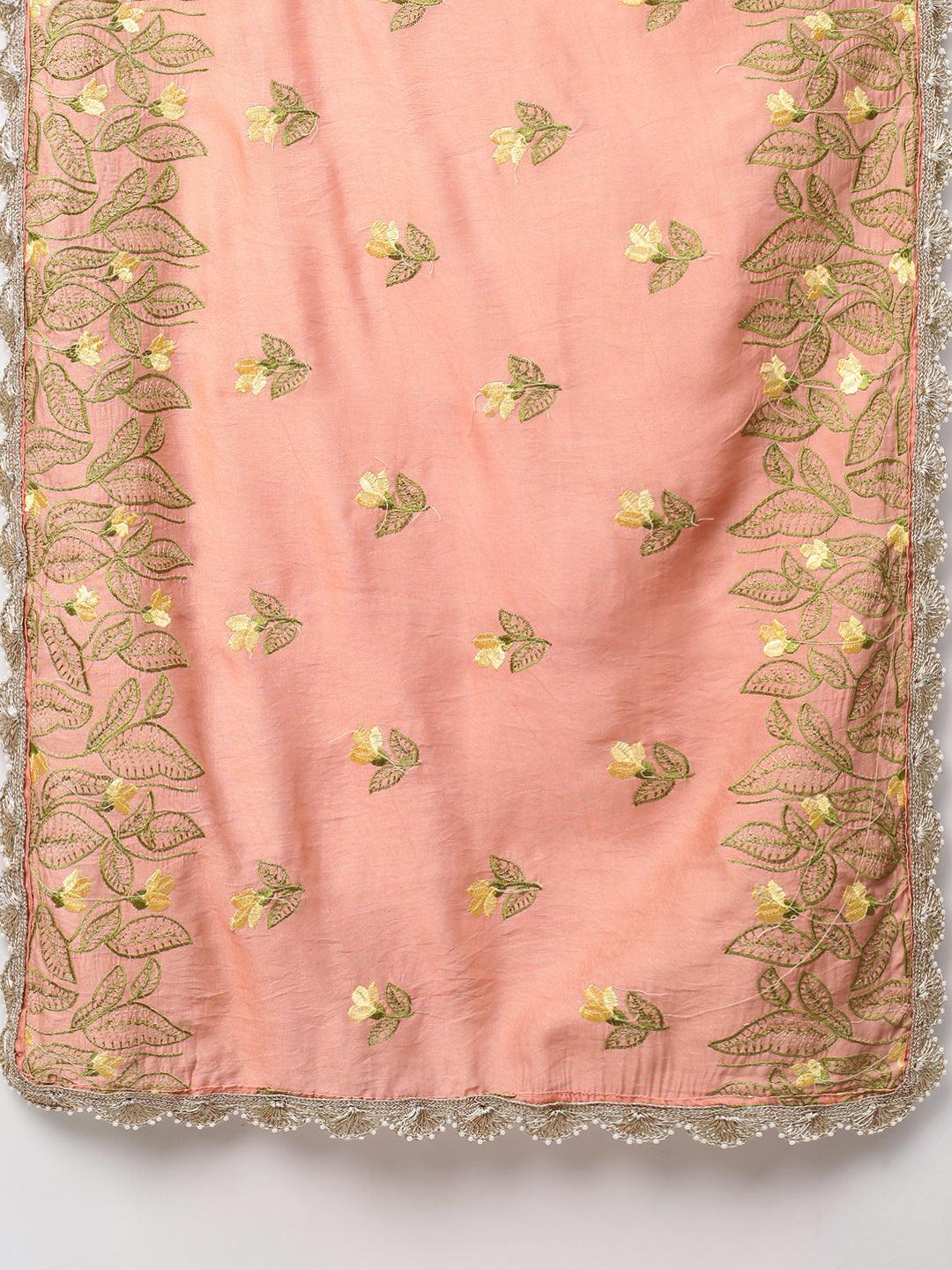 Ethnic Embroidered Straight Kurta with Dupatta - Coral Pink - Indiakreations