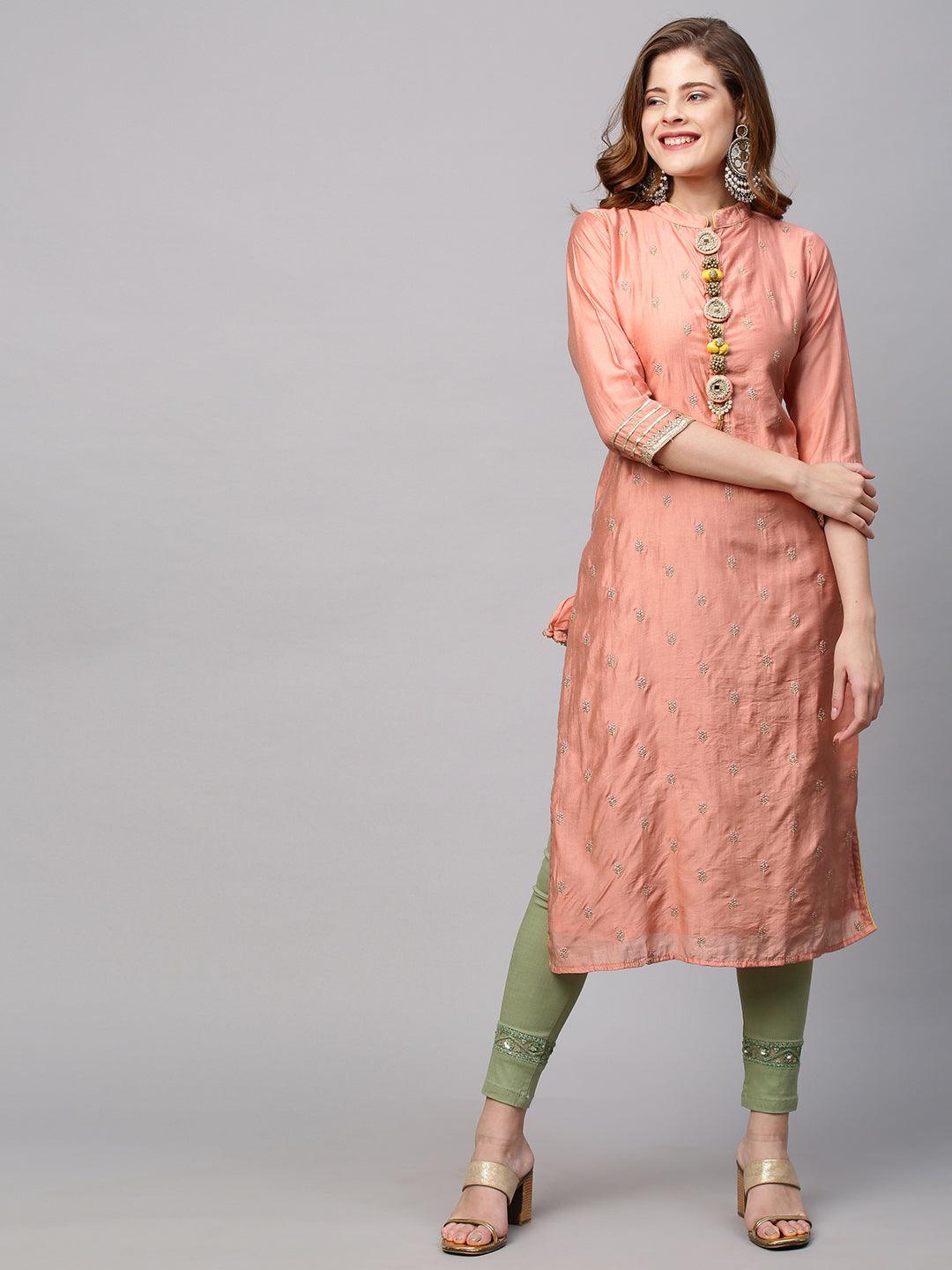 Ethnic Embroidered Straight Kurta with Dupatta - Coral Pink - Indiakreations