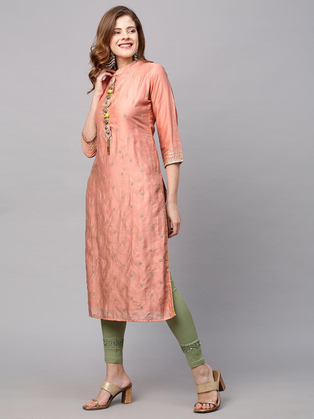 Ethnic Embroidered Straight Kurta with Dupatta - Coral Pink - Indiakreations