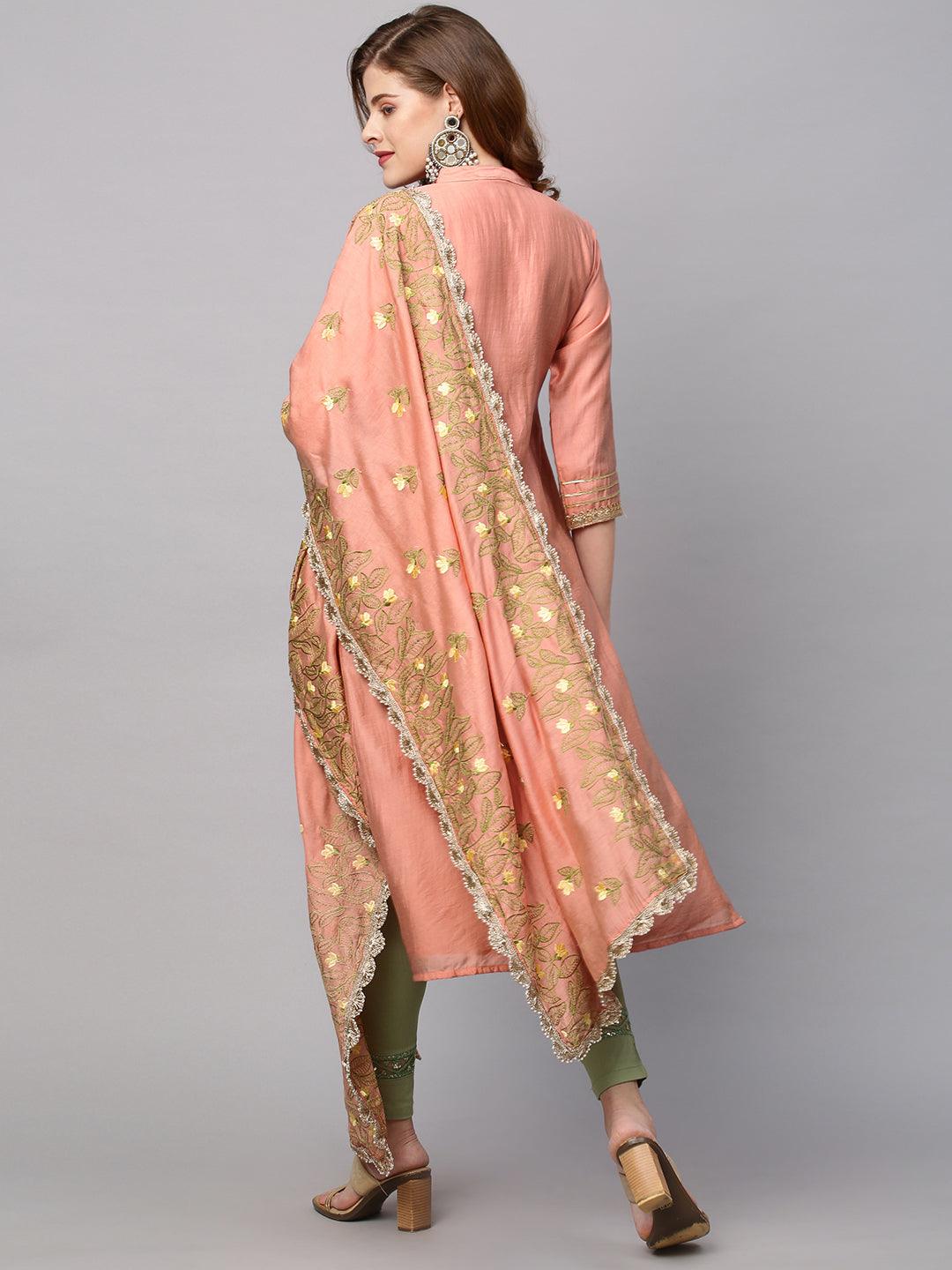 Ethnic Embroidered Straight Kurta with Dupatta - Coral Pink - Indiakreations