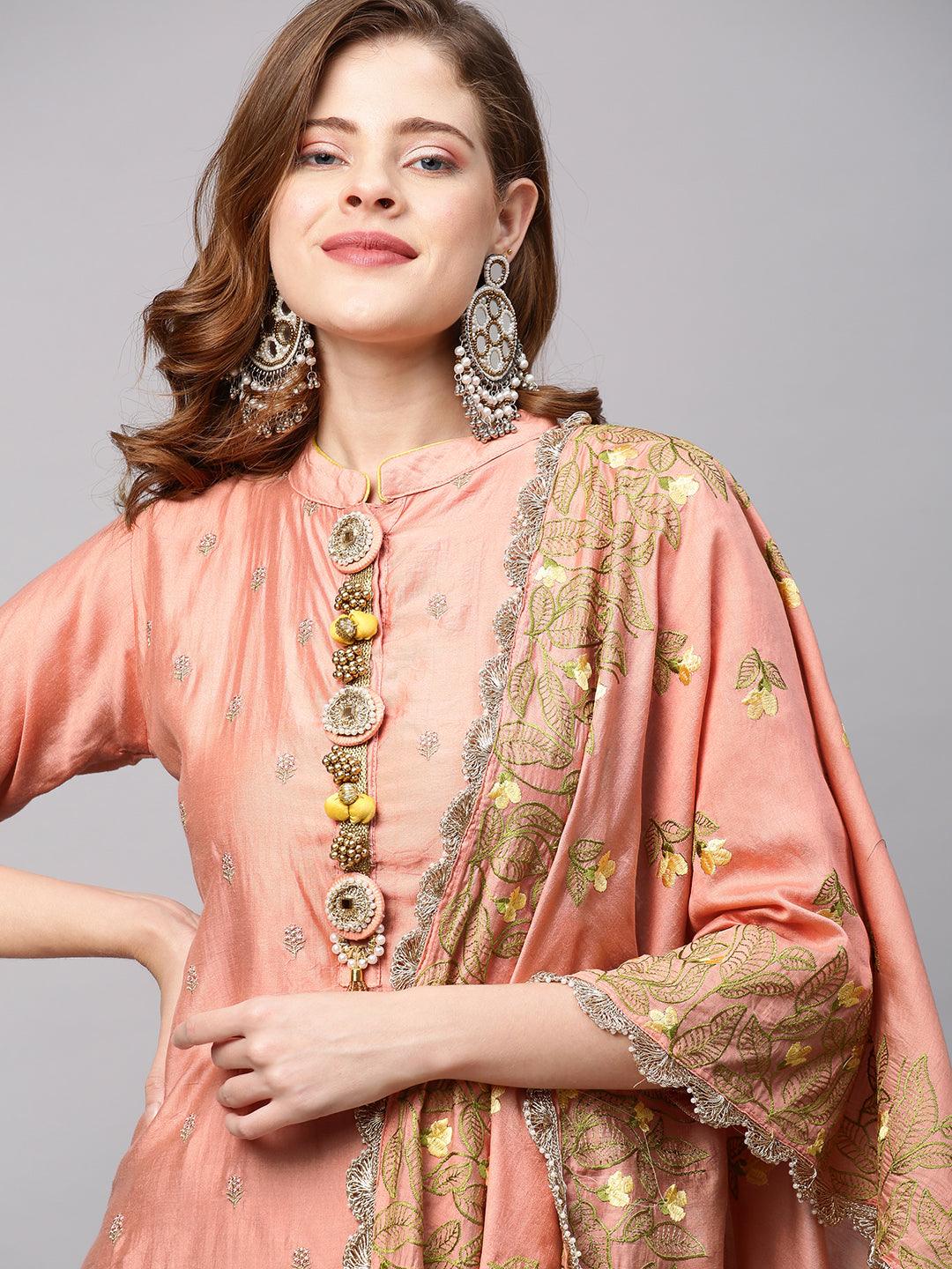 Ethnic Embroidered Straight Kurta with Dupatta - Coral Pink - Indiakreations