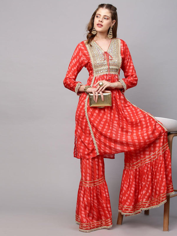 Ethnic Printed & Hand Embroidered A-Line Flared Kurta with Sharara - Red - Indiakreations