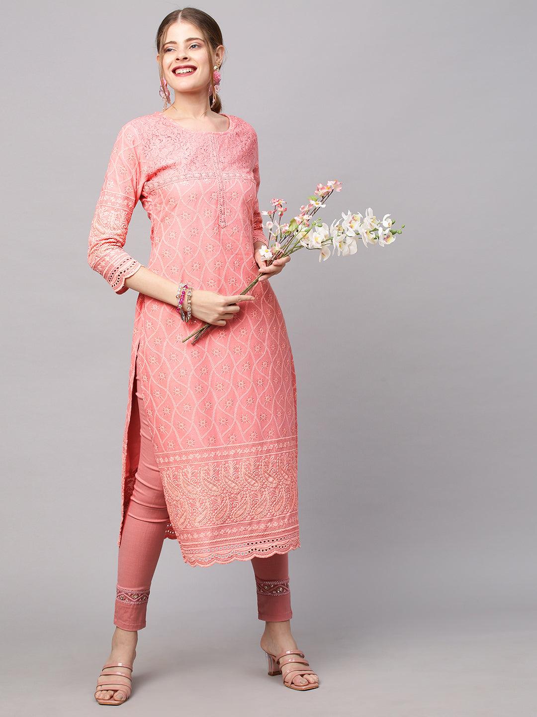 Chikankari Embroidered Straight Fit Kurta - Peach - Indiakreations