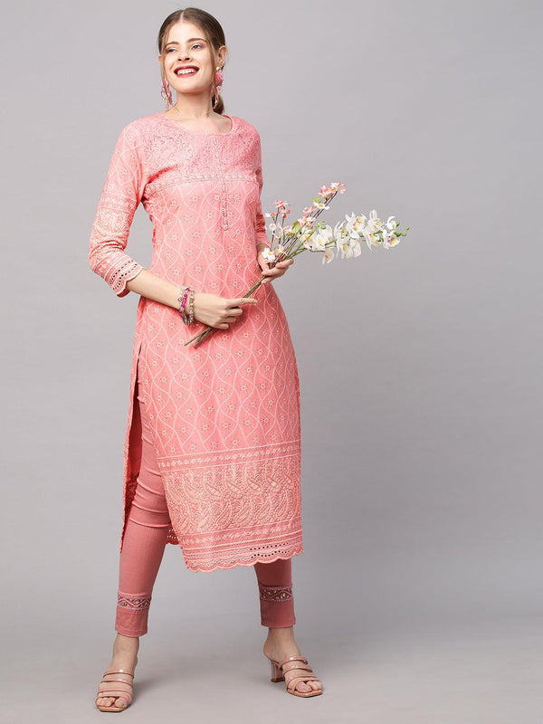 Chikankari Embroidered Straight Fit Kurta - Peach - Indiakreations