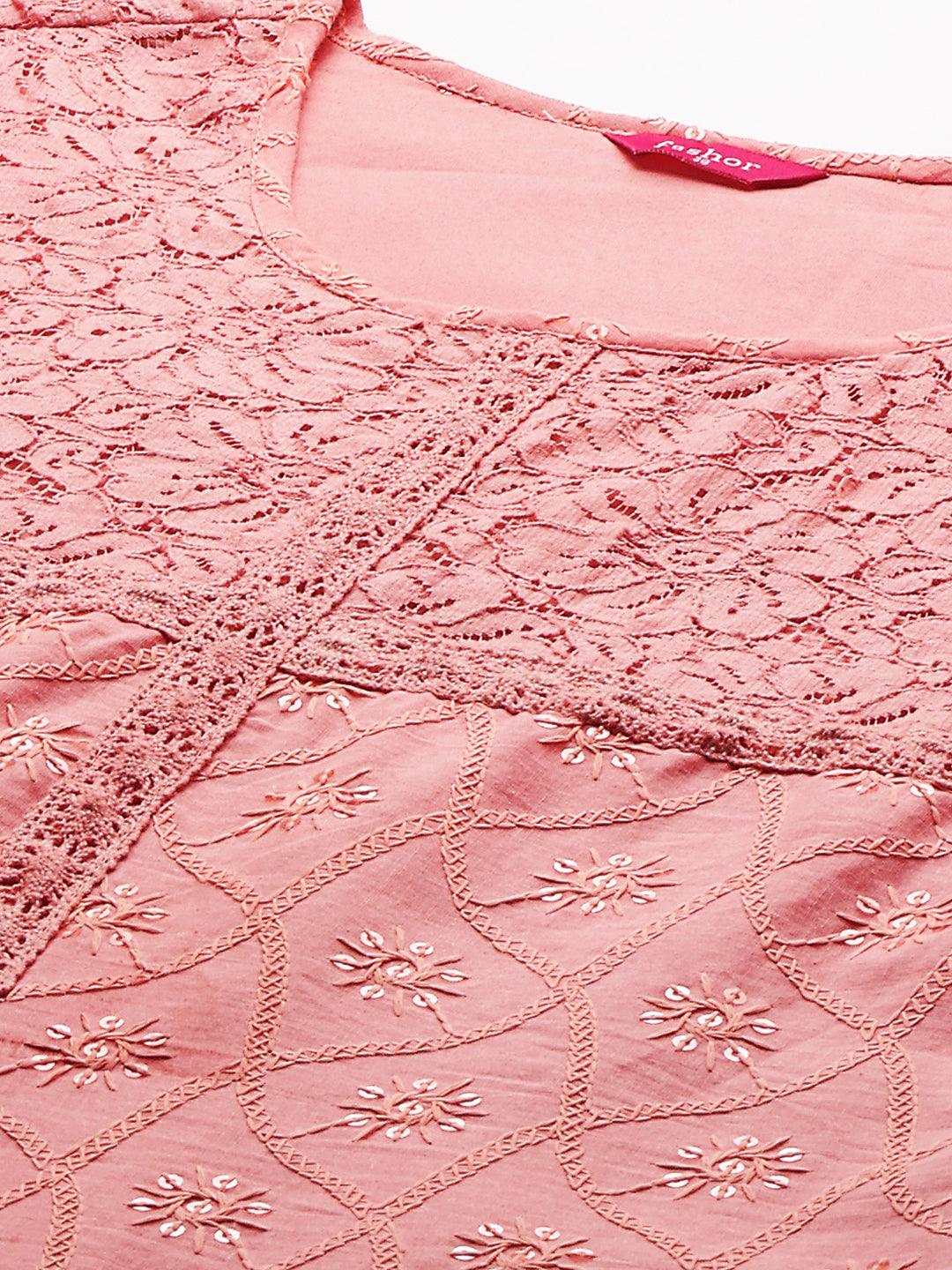 Chikankari Embroidered Straight Fit Kurta - Peach - Indiakreations