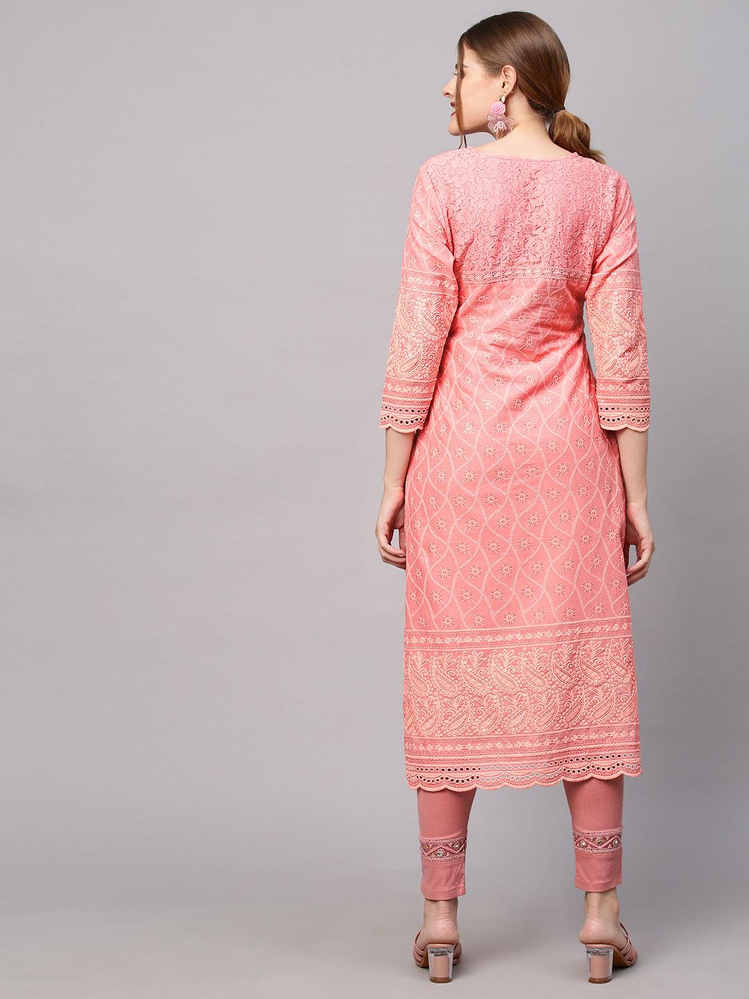 Chikankari Embroidered Straight Fit Kurta - Peach - Indiakreations