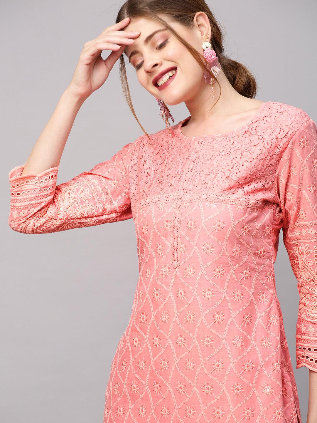 Chikankari Embroidered Straight Fit Kurta - Peach - Indiakreations