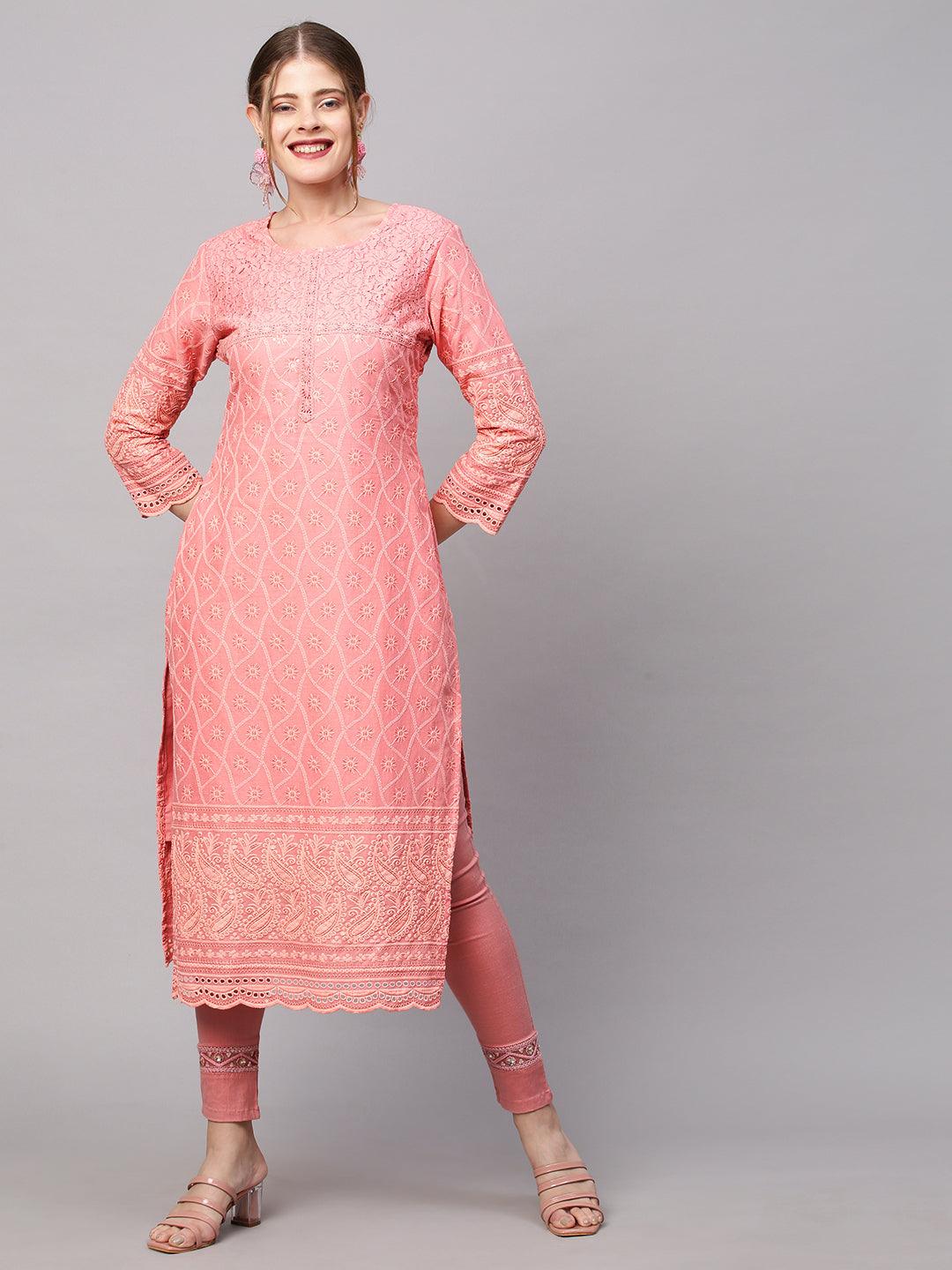 Chikankari Embroidered Straight Fit Kurta - Peach - Indiakreations