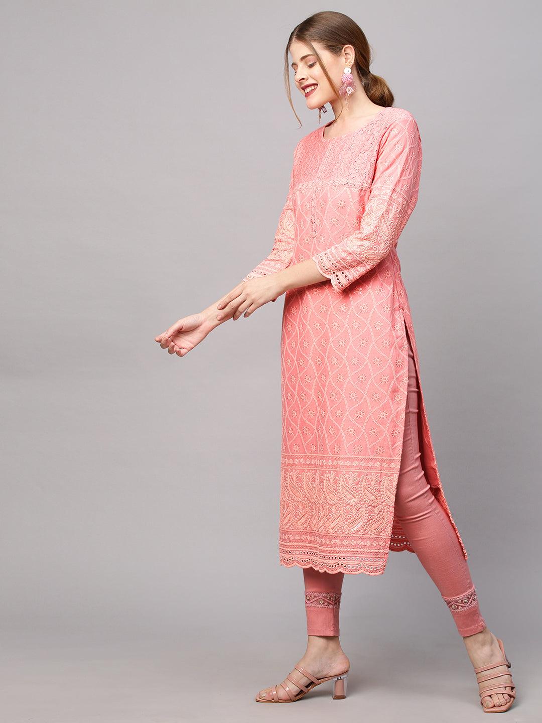 Chikankari Embroidered Straight Fit Kurta - Peach - Indiakreations