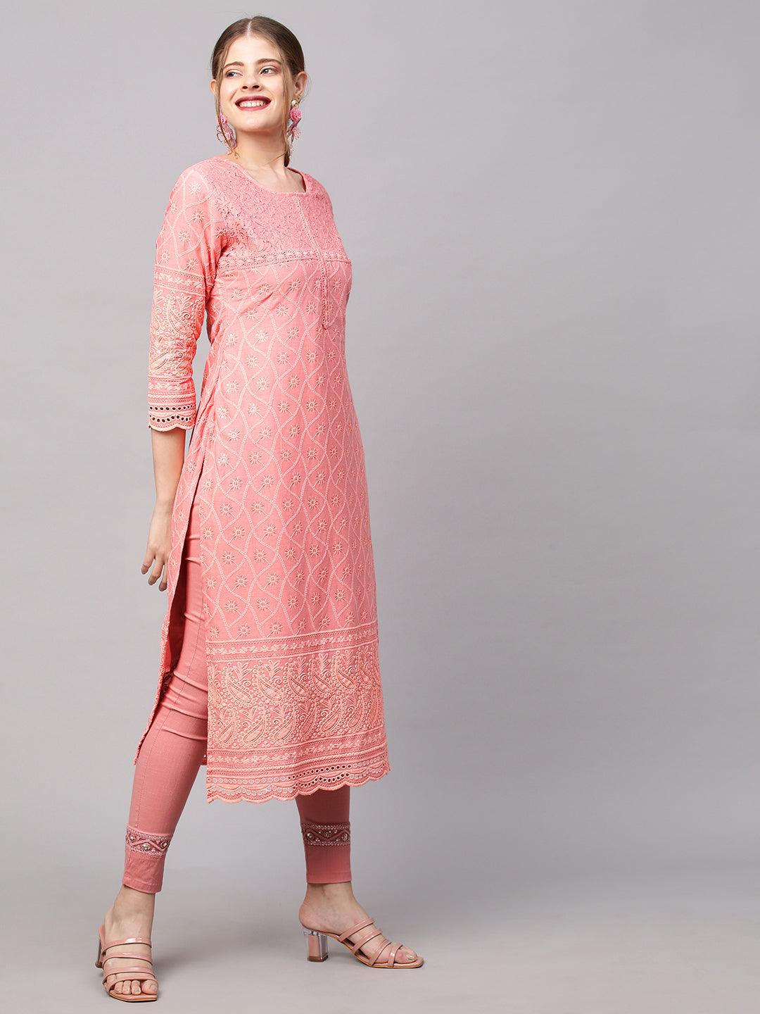 Chikankari Embroidered Straight Fit Kurta - Peach - Indiakreations