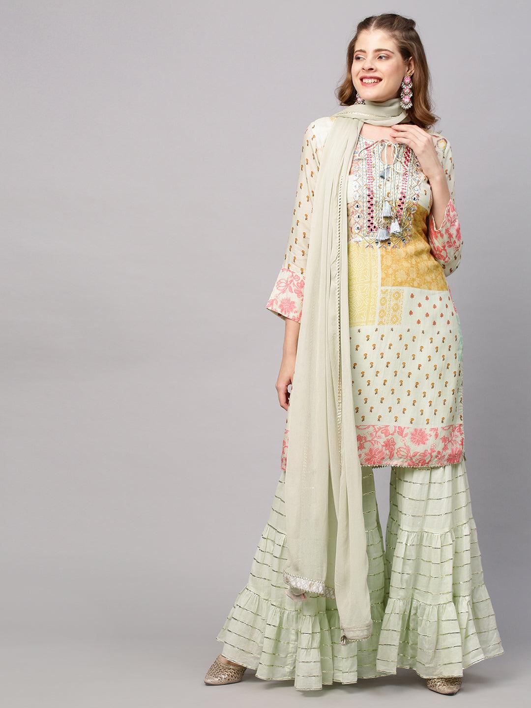 Ethnic Printed & Embroidered Kurta with Sharara and Dupatta - Pastel Green - Indiakreations