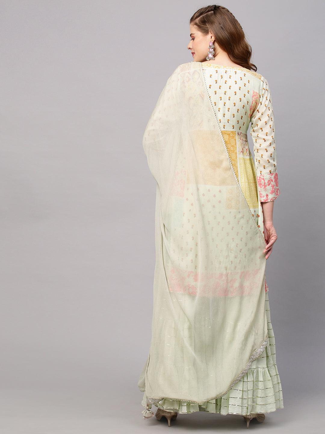 Ethnic Printed & Embroidered Kurta with Sharara and Dupatta - Pastel Green - Indiakreations