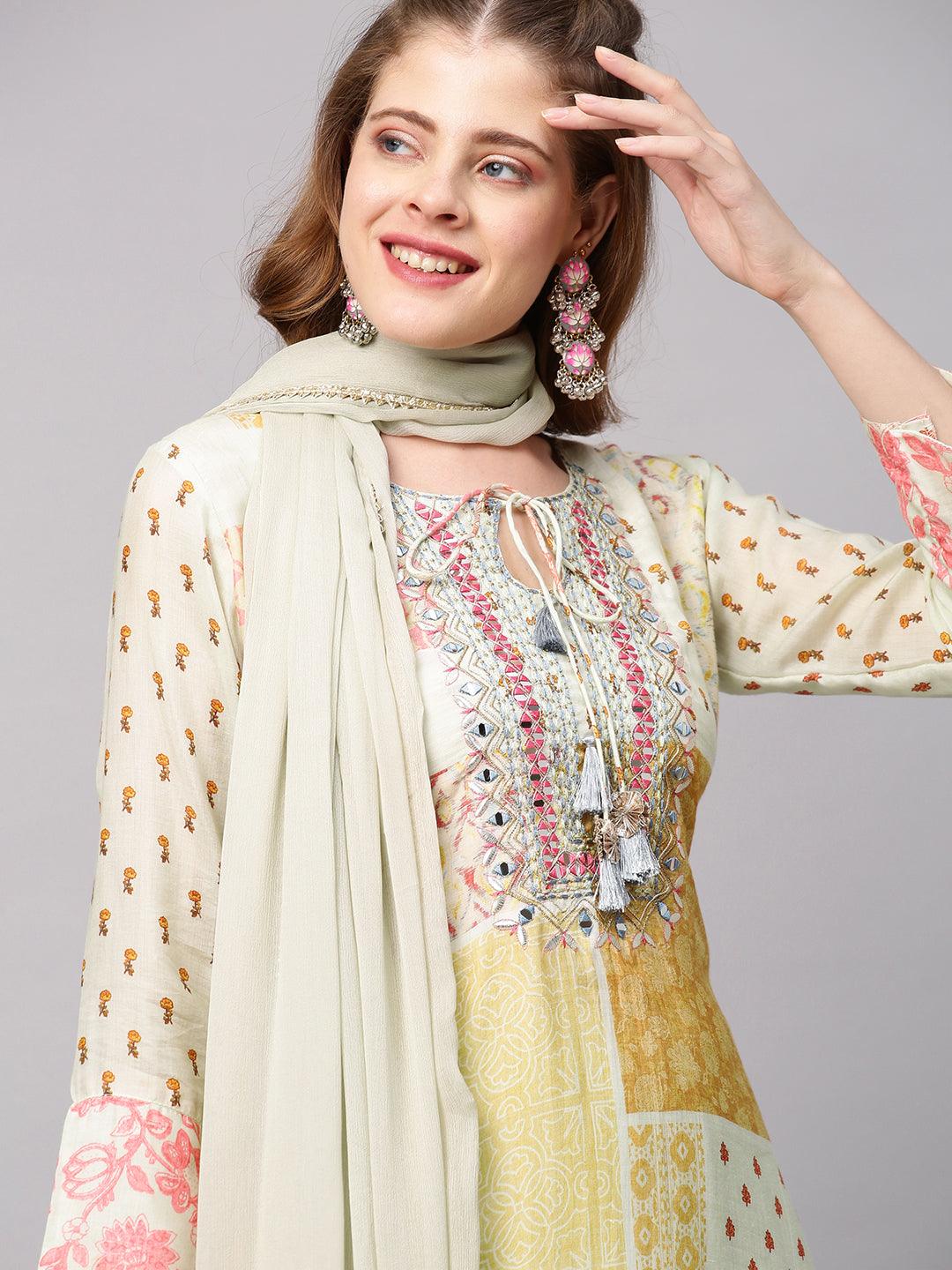 Ethnic Printed & Embroidered Kurta with Sharara and Dupatta - Pastel Green - Indiakreations