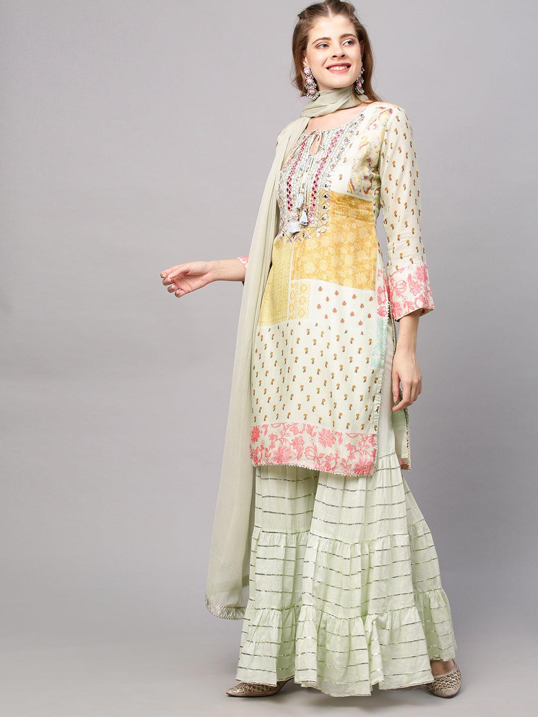 Ethnic Printed & Embroidered Kurta with Sharara and Dupatta - Pastel Green - Indiakreations