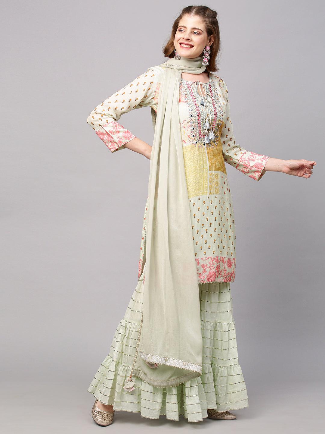 Ethnic Printed & Embroidered Kurta with Sharara and Dupatta - Pastel Green - Indiakreations