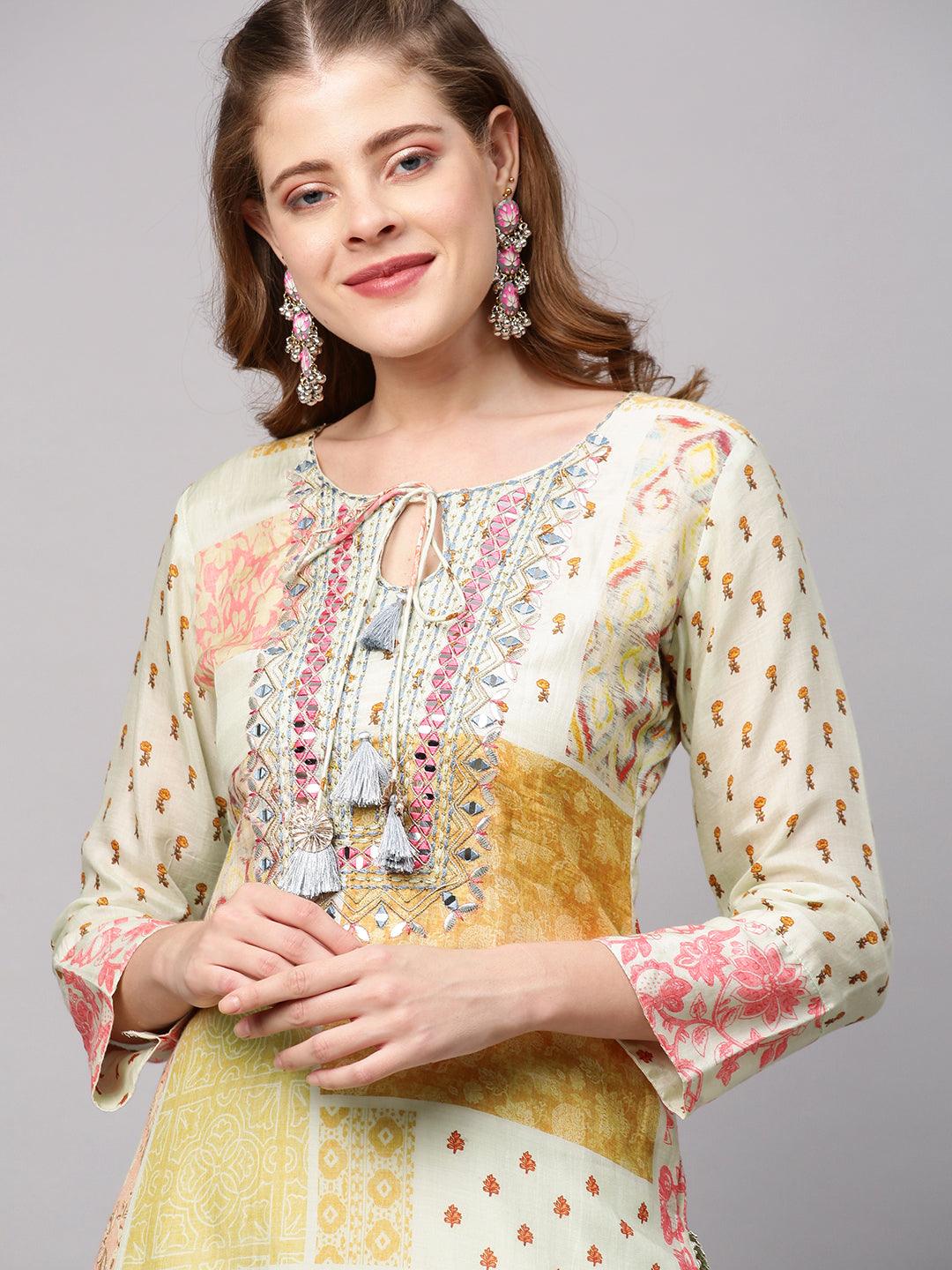 Ethnic Printed & Embroidered Kurta with Sharara and Dupatta - Pastel Green - Indiakreations