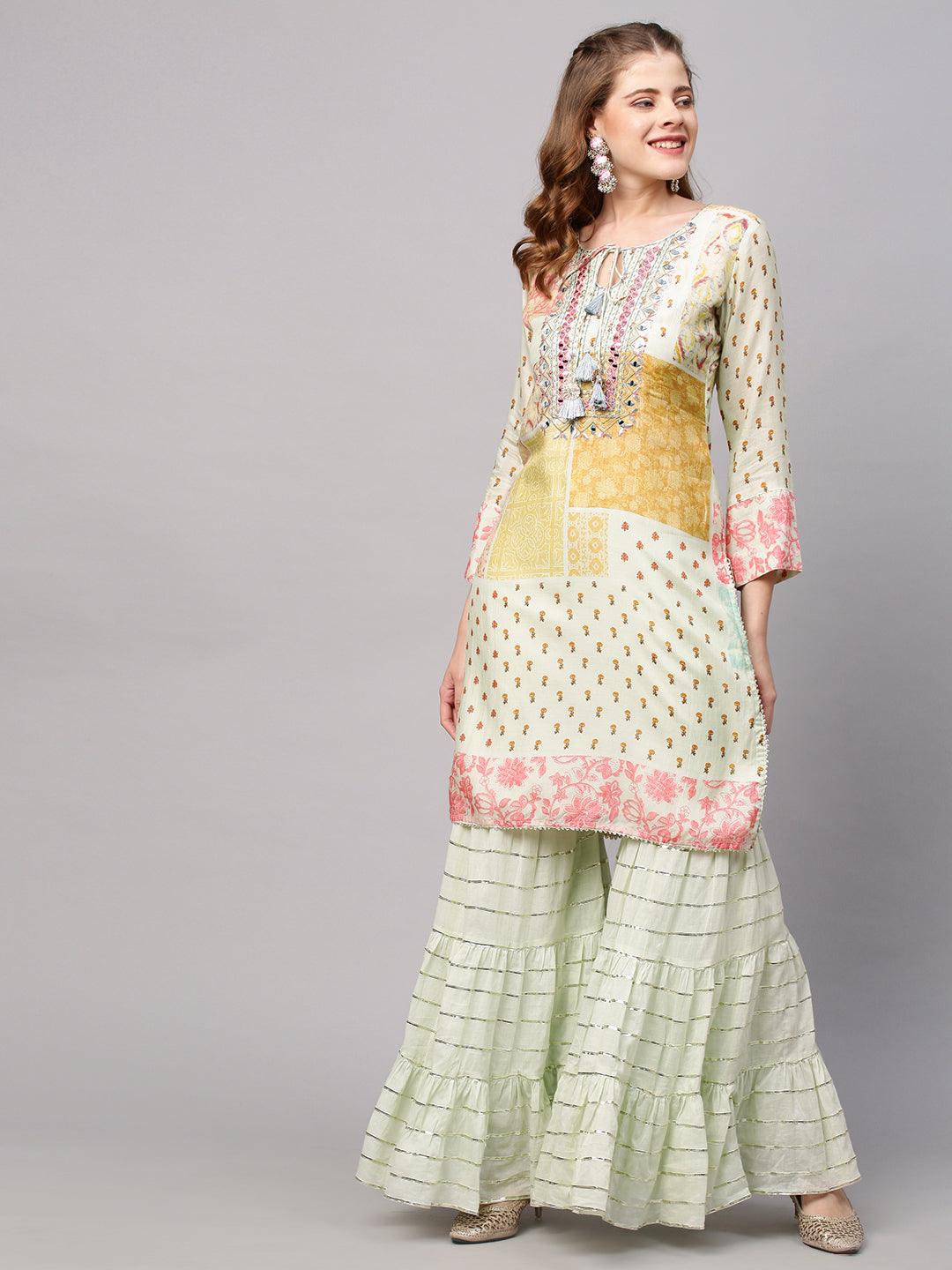 Ethnic Printed & Embroidered Kurta with Sharara and Dupatta - Pastel Green - Indiakreations