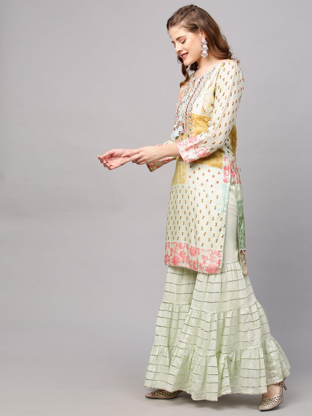 Ethnic Printed & Embroidered Kurta with Sharara and Dupatta - Pastel Green - Indiakreations