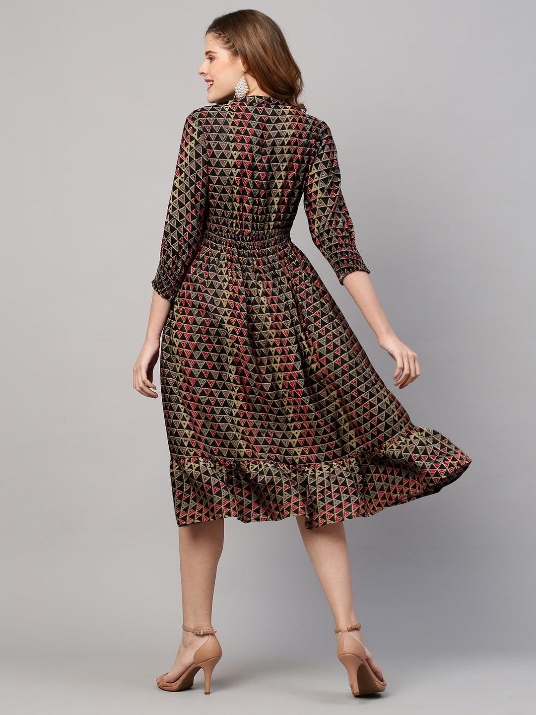 Ethnic Printed Flared Midi Dress - Bottle Green - Indiakreations