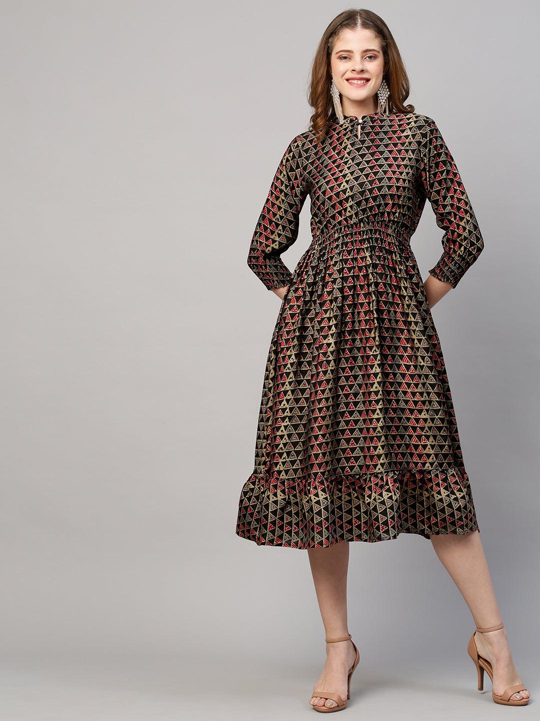 Ethnic Printed Flared Midi Dress - Bottle Green - Indiakreations