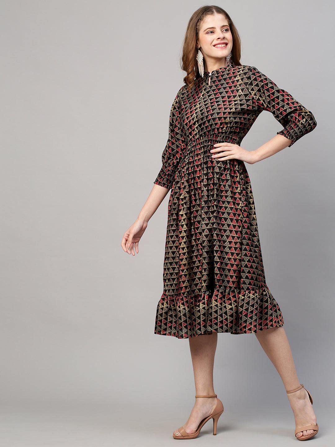 Ethnic Printed Flared Midi Dress - Bottle Green - Indiakreations