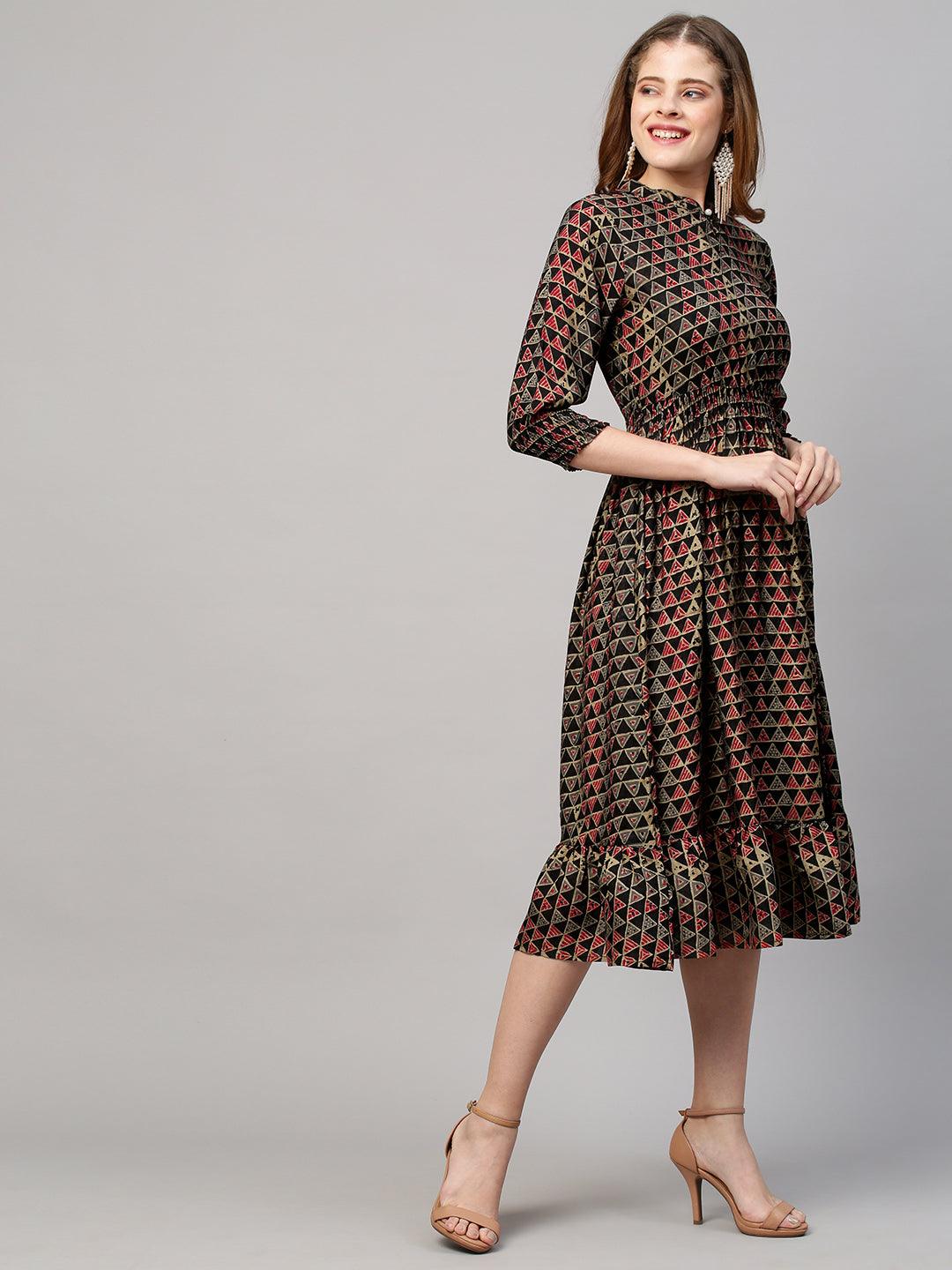 Ethnic Printed Flared Midi Dress - Bottle Green - Indiakreations