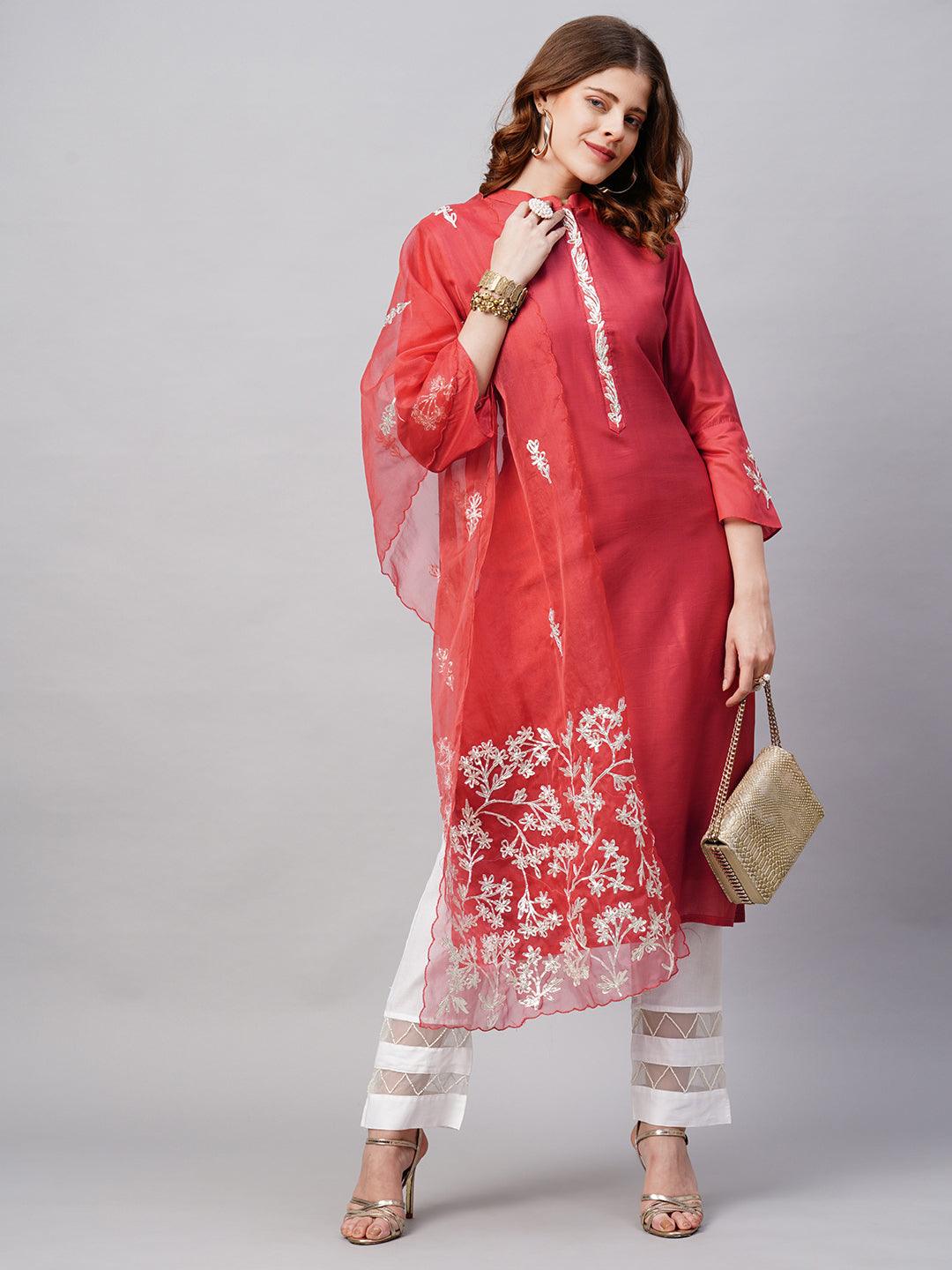 Floral Embroidered Straight Fit Kurta with Dupatta - Red - Indiakreations