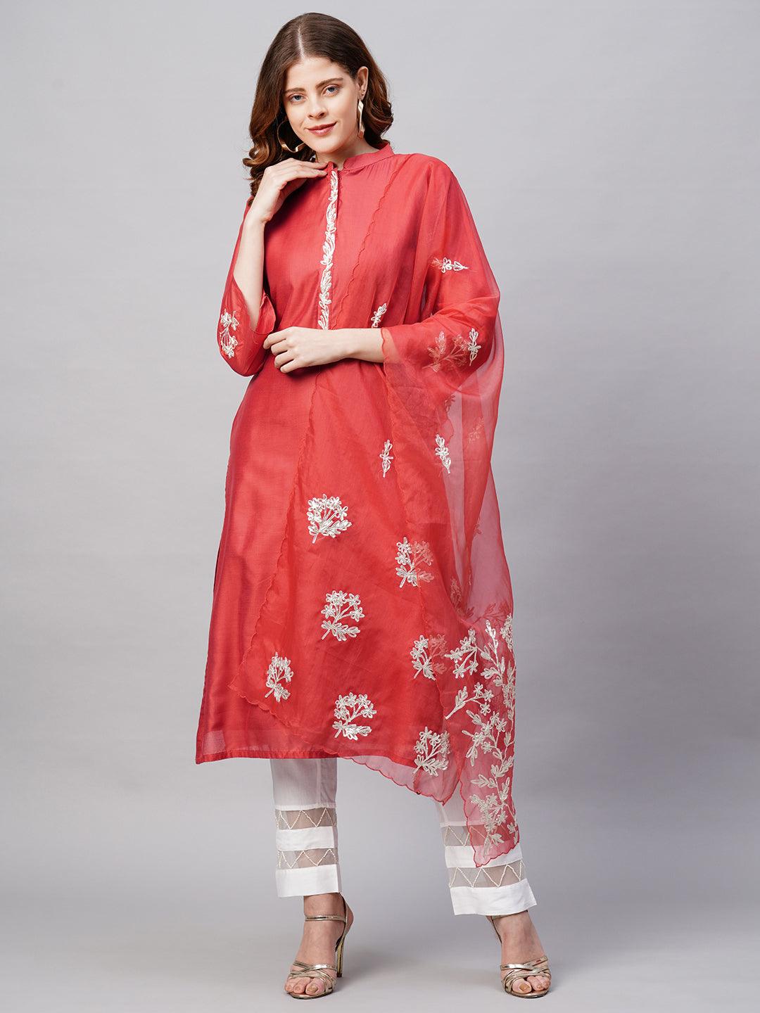 Floral Embroidered Straight Fit Kurta with Dupatta - Red - Indiakreations