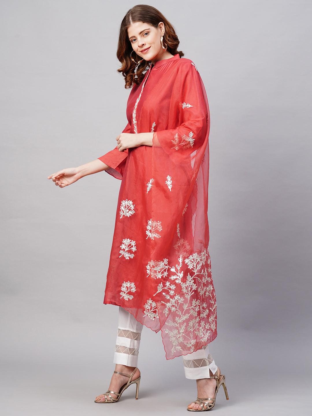 Floral Embroidered Straight Fit Kurta with Dupatta - Red - Indiakreations