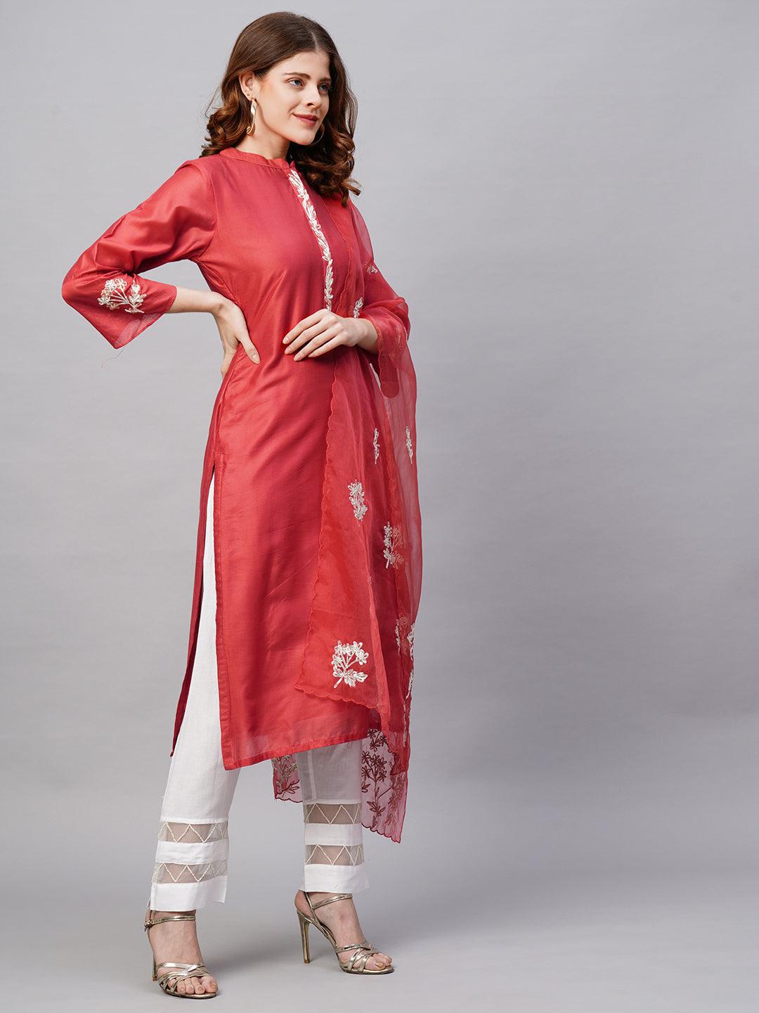 Floral Embroidered Straight Fit Kurta with Dupatta - Red - Indiakreations