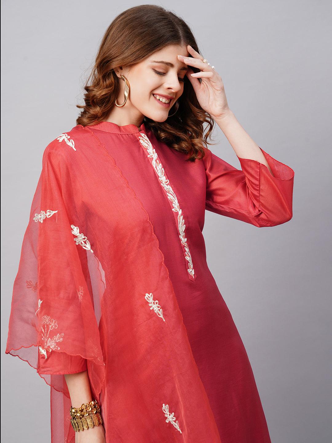 Floral Embroidered Straight Fit Kurta with Dupatta - Red - Indiakreations