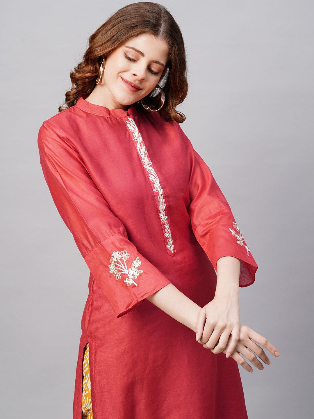 Floral Embroidered Straight Fit Kurta with Dupatta - Red - Indiakreations