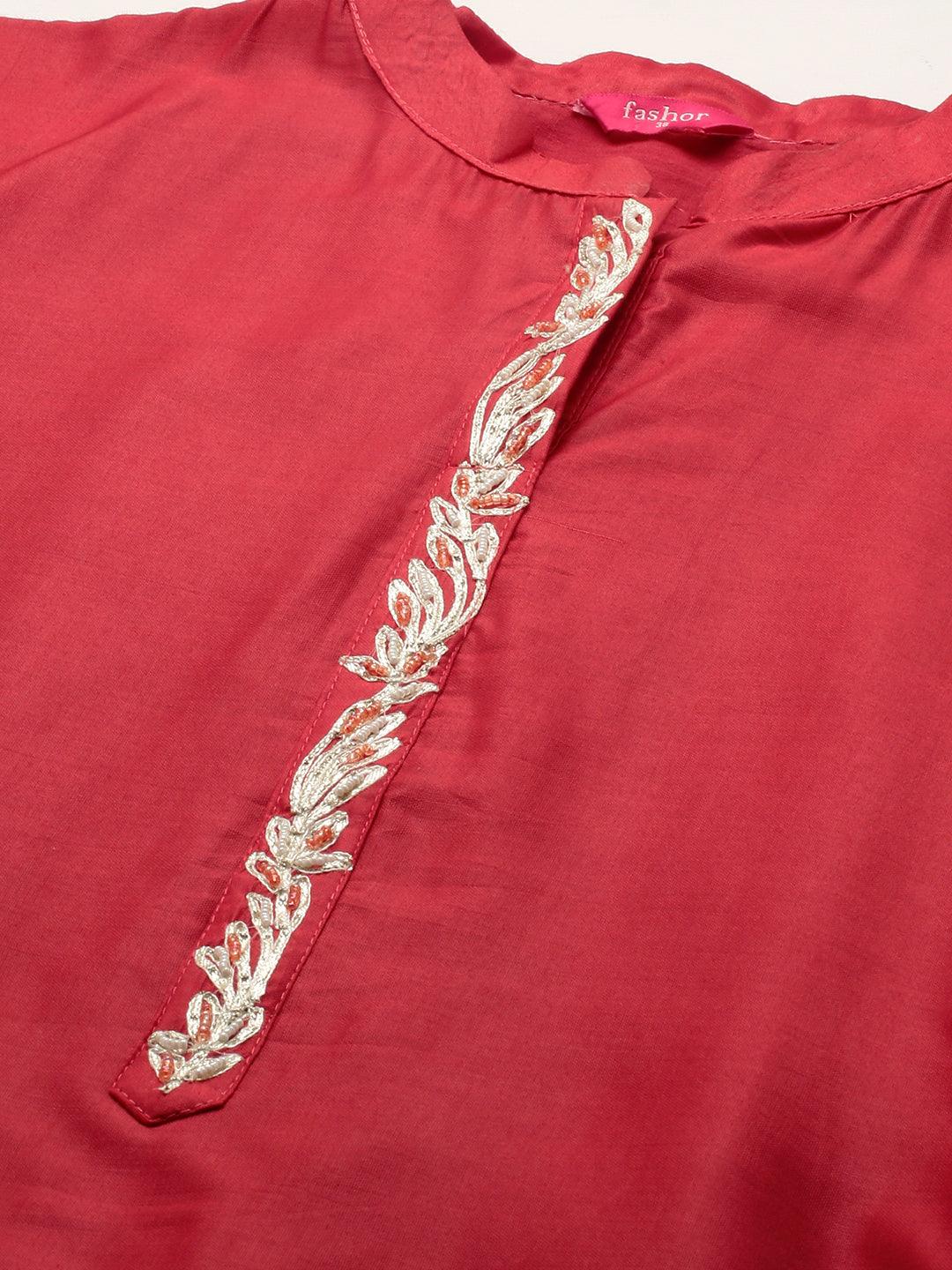 Floral Embroidered Straight Fit Kurta with Dupatta - Red - Indiakreations