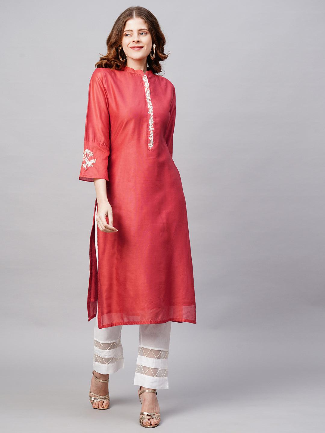 Floral Embroidered Straight Fit Kurta with Dupatta - Red - Indiakreations