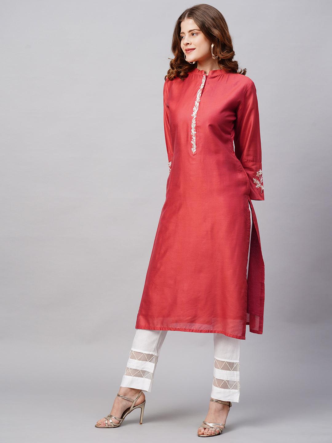 Floral Embroidered Straight Fit Kurta with Dupatta - Red - Indiakreations