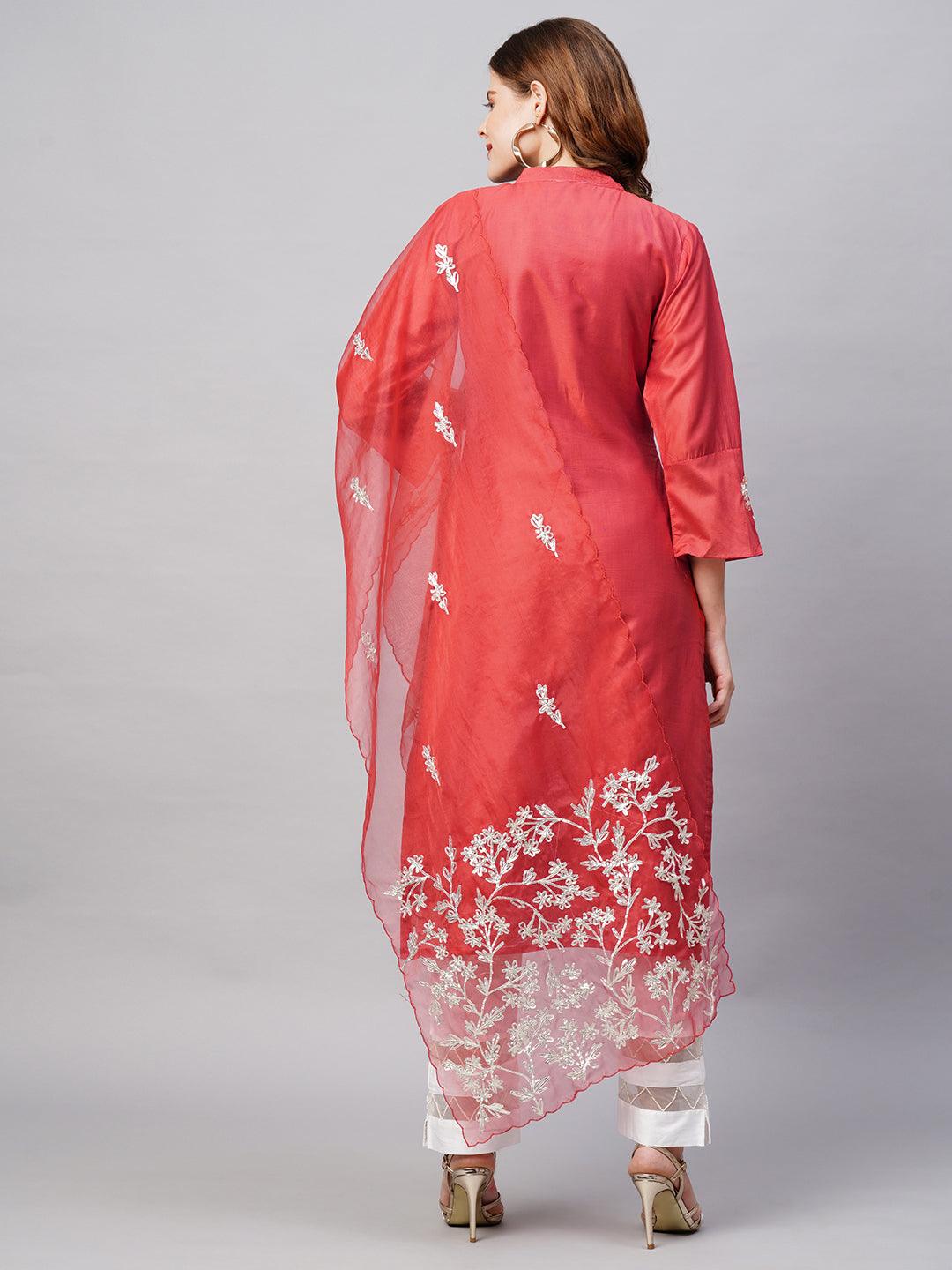 Floral Embroidered Straight Fit Kurta with Dupatta - Red - Indiakreations