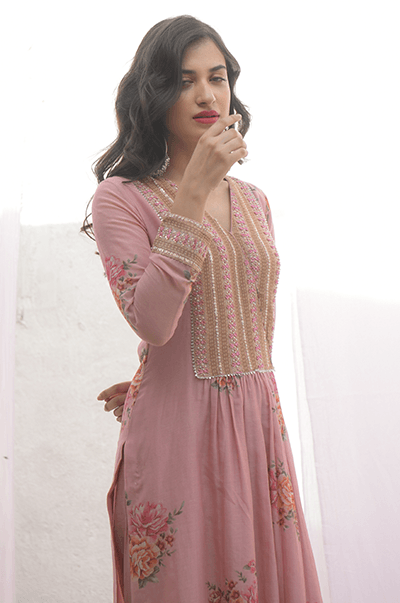 Ambara Soft Pink digital printed yoke kurta with palazzo and mint dupatta - RTS - Indiakreations