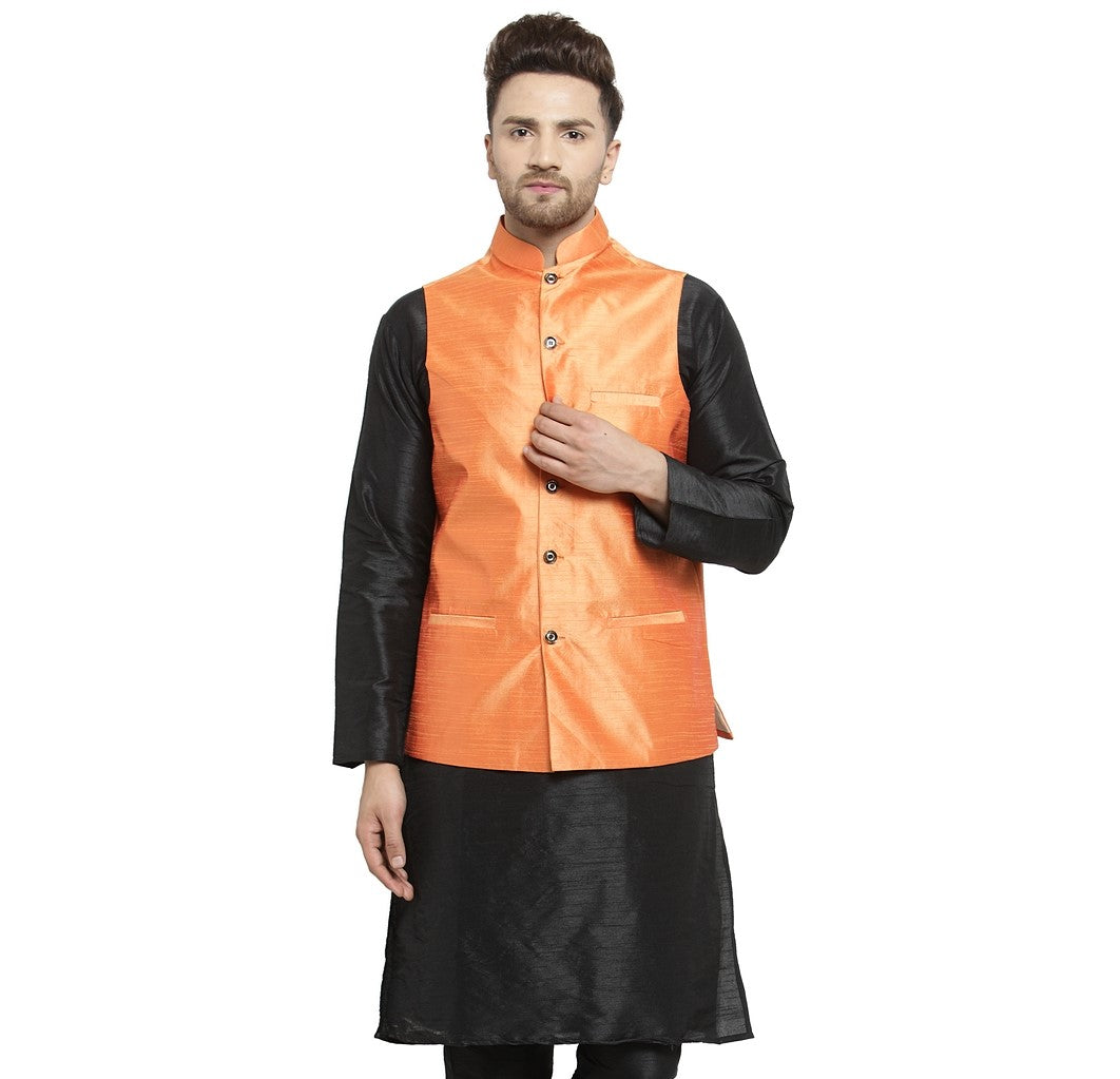 Men's Orange Solid Nehru Jacket - Benstoke