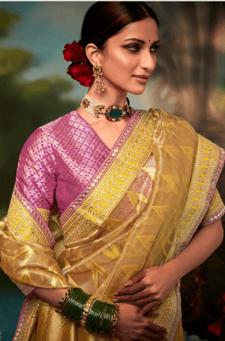 Reception Wear Yellow Color Embroidered Work Stylish Saree In Silk - Indiakreations