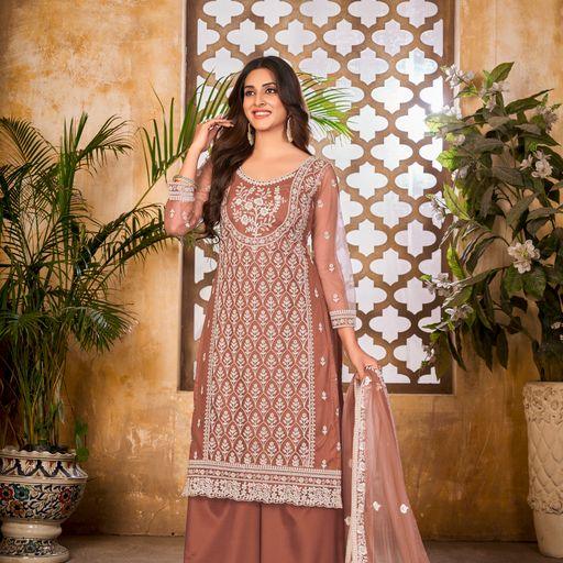 Dusty Peach Embroidered Net Palazzo Suit With Dupatta - Indiakreations