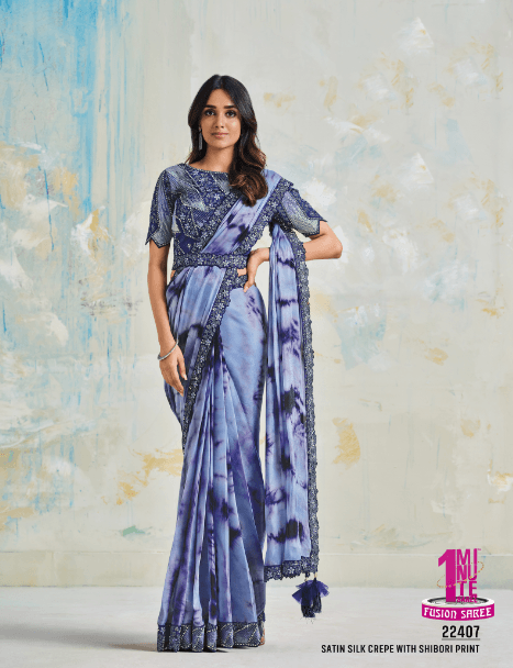 Latest Designer Silk Satin Crepe Embroidered Saree In Lavender - Indiakreations