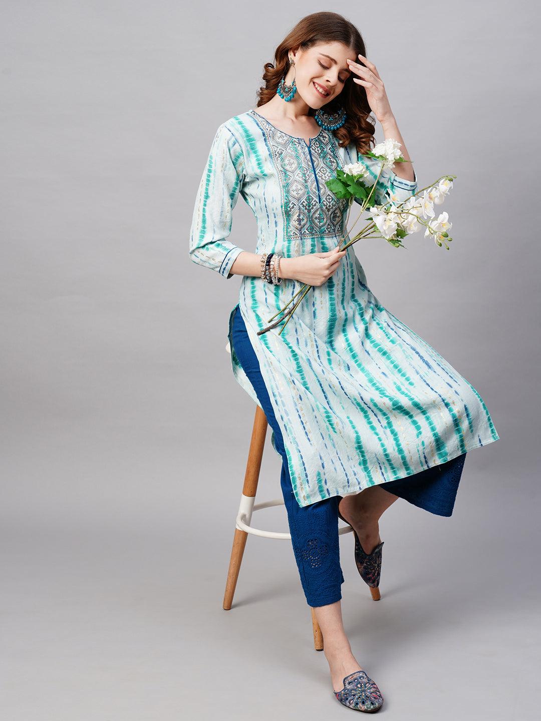 Ethnic Tie-Dye Printed Straight Fit Kurta - Light Aqua Blue - Indiakreations