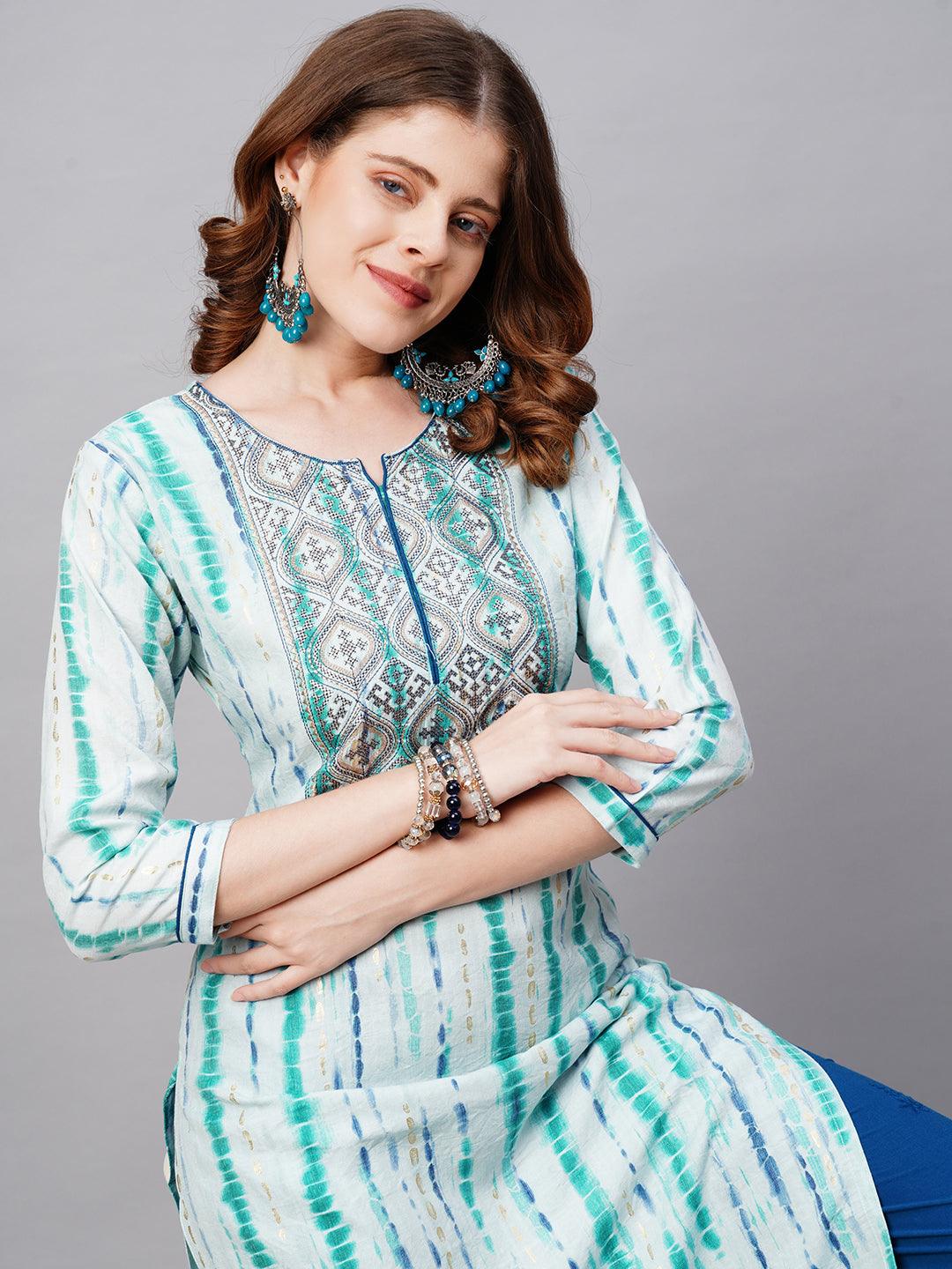 Ethnic Tie-Dye Printed Straight Fit Kurta - Light Aqua Blue - Indiakreations