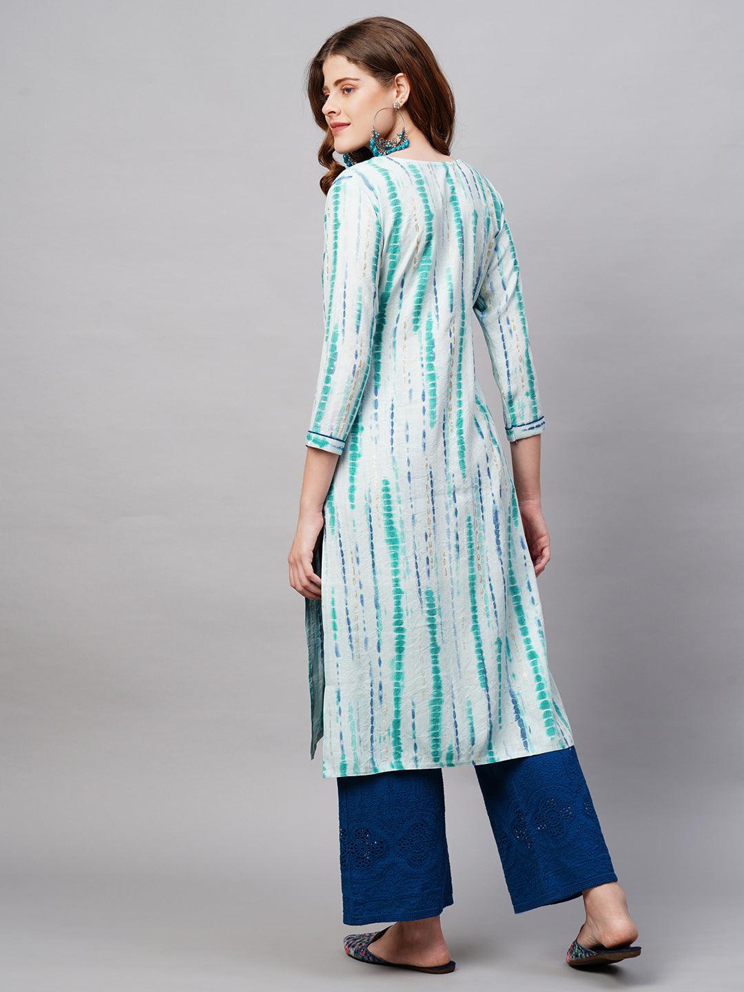 Ethnic Tie-Dye Printed Straight Fit Kurta - Light Aqua Blue - Indiakreations