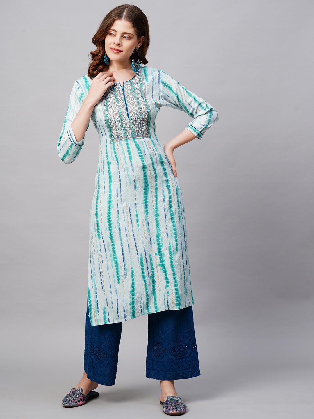 Ethnic Tie-Dye Printed Straight Fit Kurta - Light Aqua Blue - Indiakreations