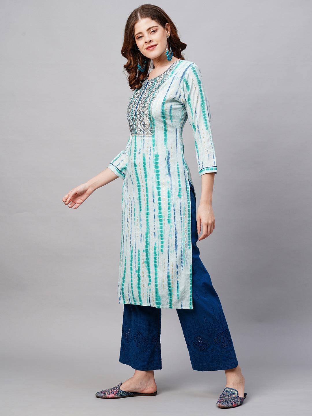 Ethnic Tie-Dye Printed Straight Fit Kurta - Light Aqua Blue - Indiakreations