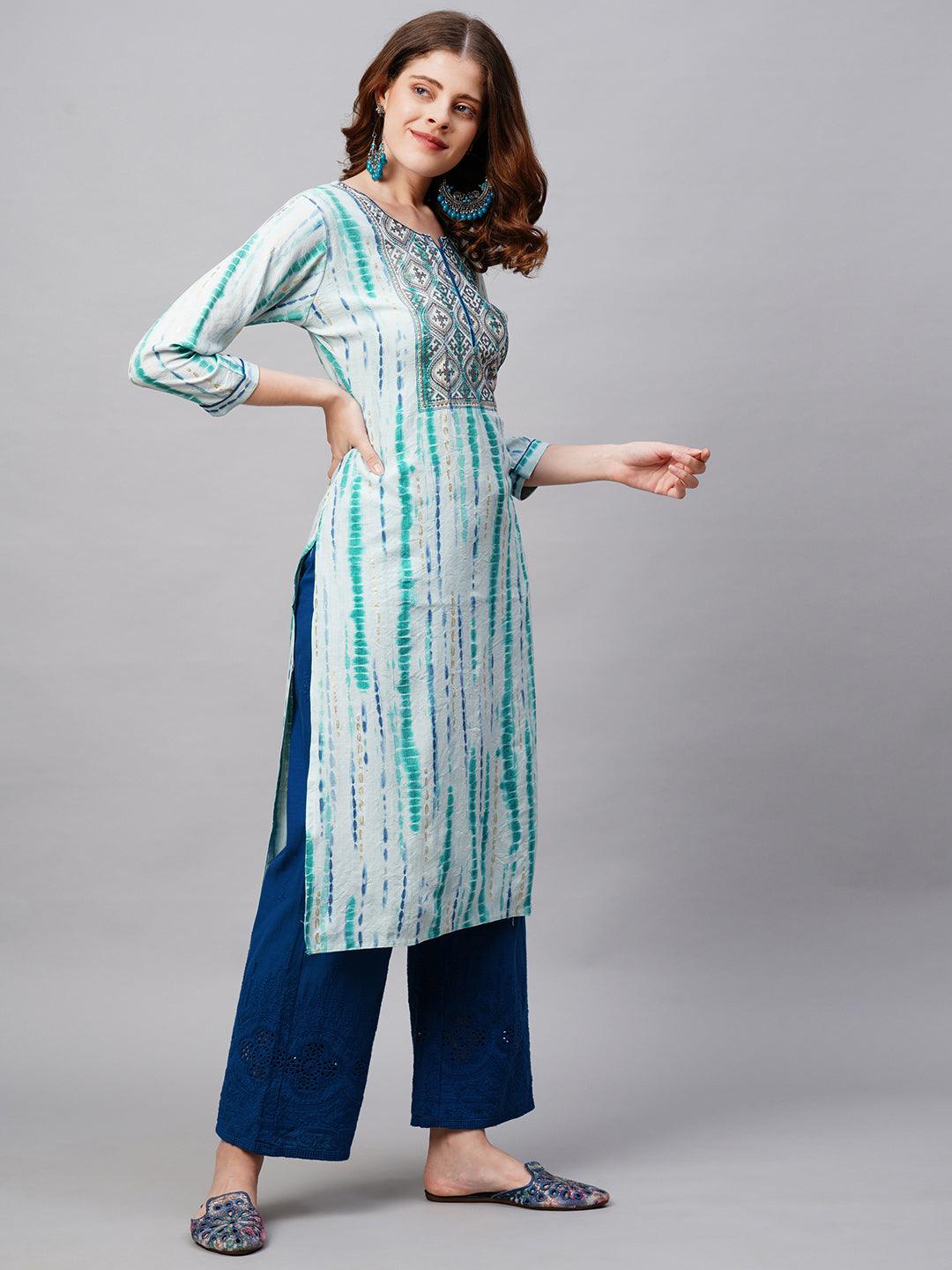 Ethnic Tie-Dye Printed Straight Fit Kurta - Light Aqua Blue - Indiakreations